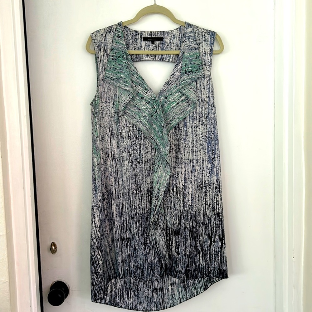 BCBGMAXAZRIA Flowy V Neck Ruffle Open Back Shirt Shift Dress Top